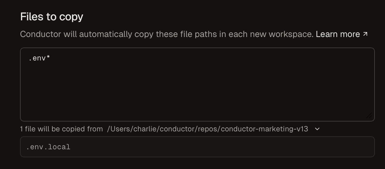 Files to copy settings